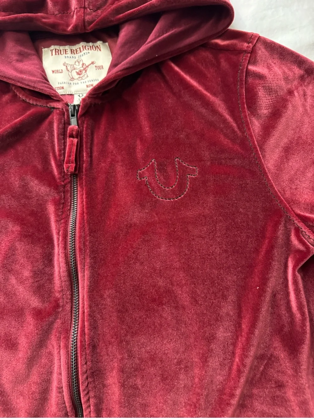 True Religion Men's Velour Zip-Up Hoodie in a deep burgundy or maroon color.